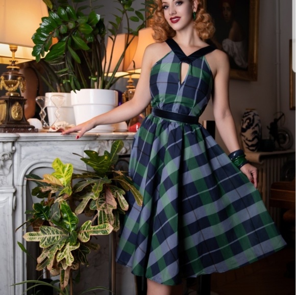 Tatyana Nell Retro 1950's Navy Blue & Green Plaid Pinup Halter Rockabilly  Dress